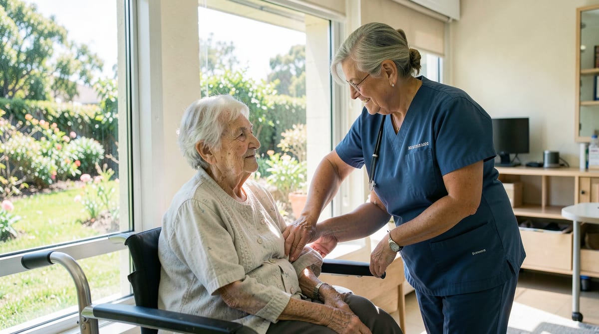 An aged-care worker in uniform helping an elderly resident in a sunny modern Australian…