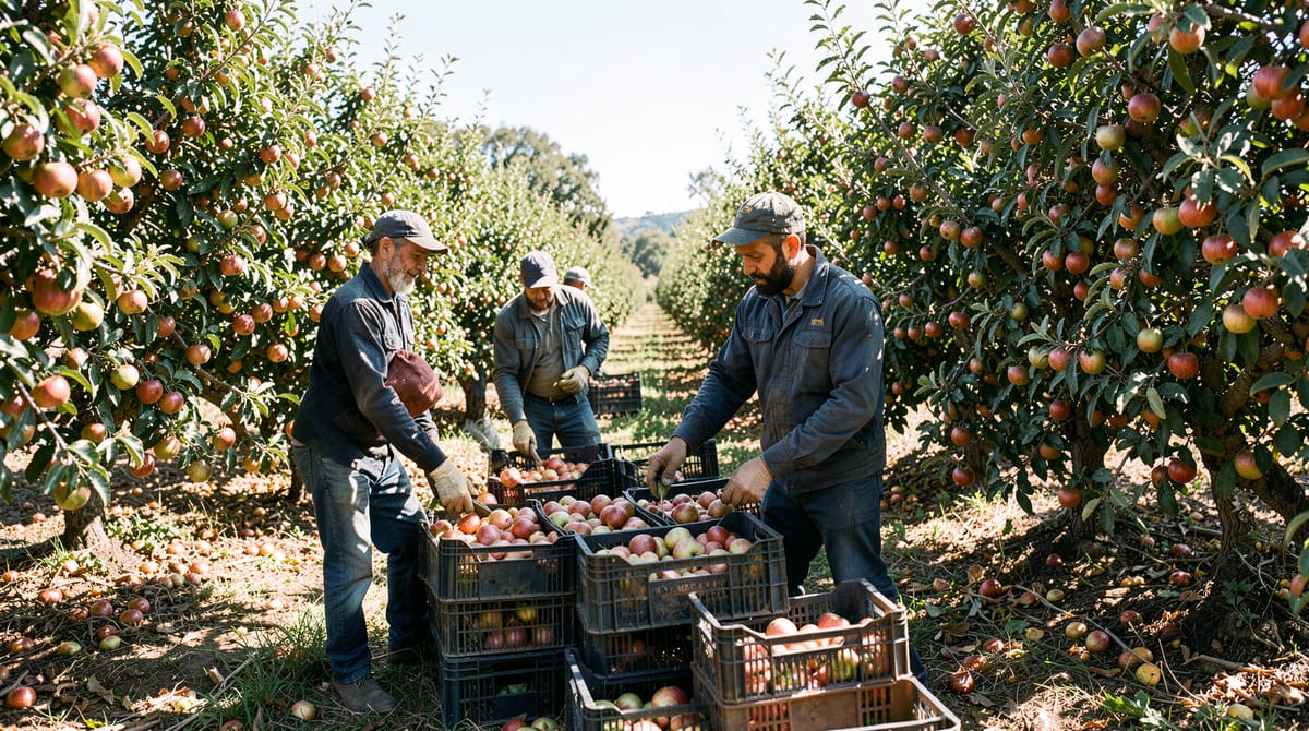 Orchard workers picking apples into crates in an Australian orchard