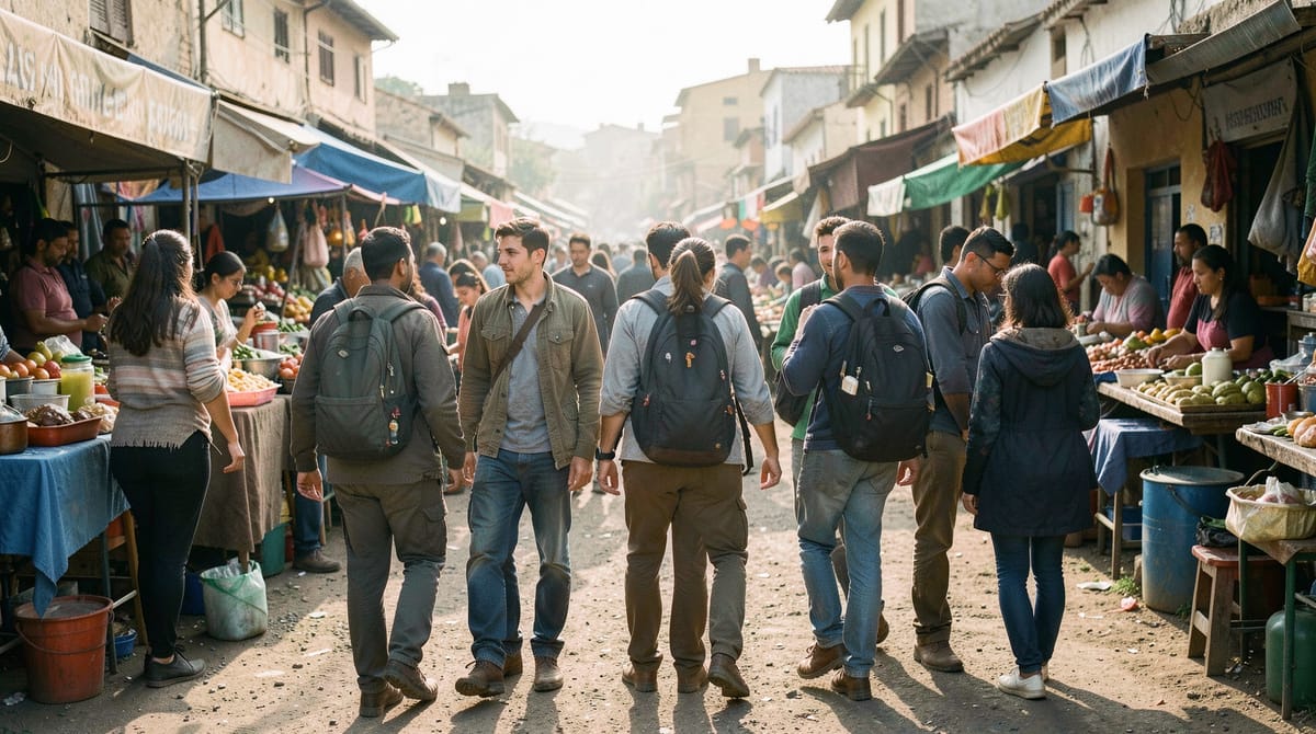 A group of diverse young people arriving at a bustling regional town market