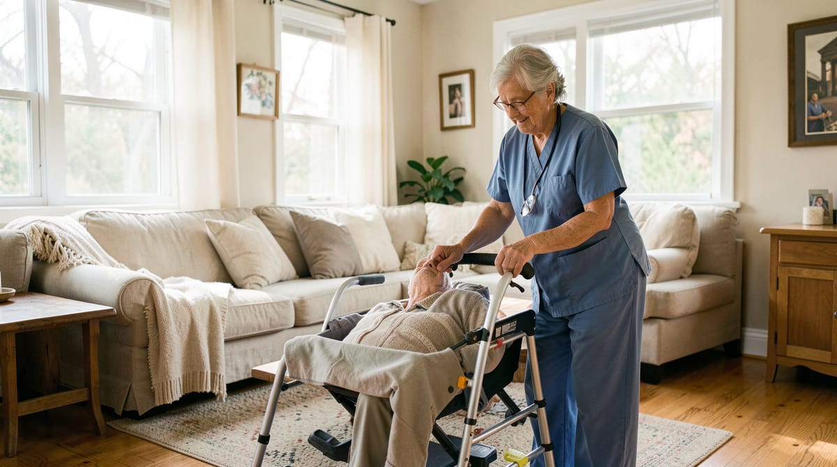 A professional caregiver in scrubs assisting an elderly patient with a walker in a brig…