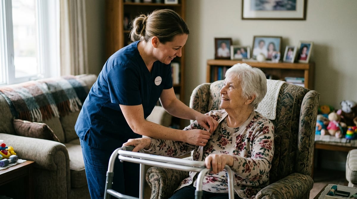A personal support worker helping a client at home