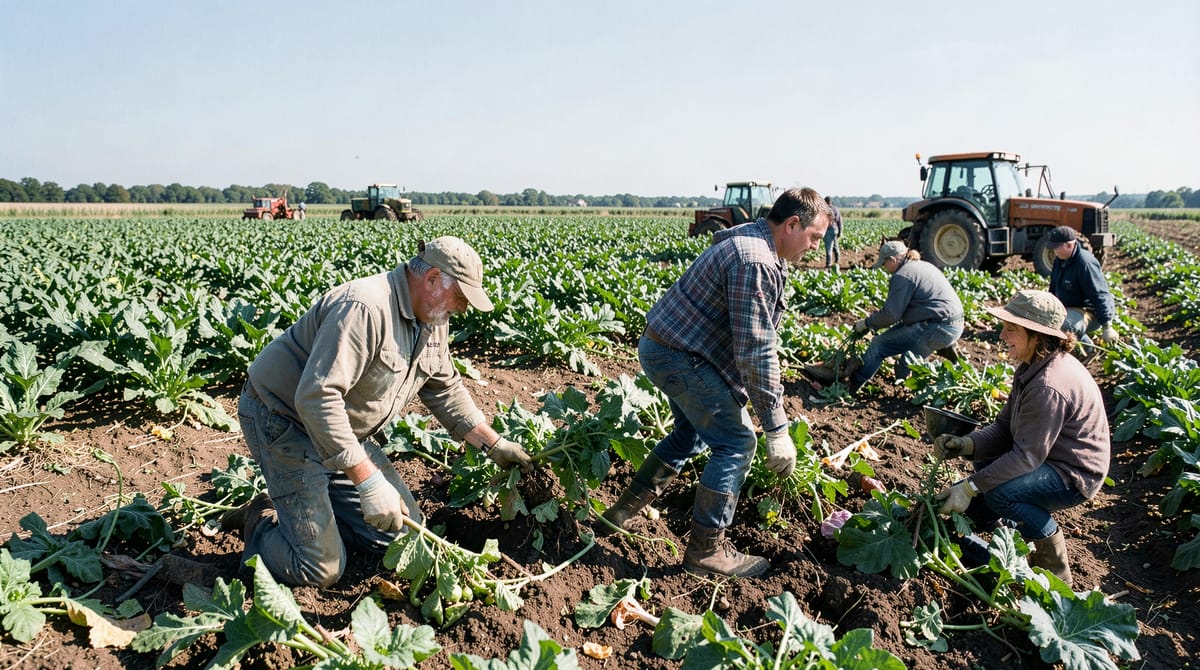 Farm workers harvesting vegetables in a large Canadian farm field