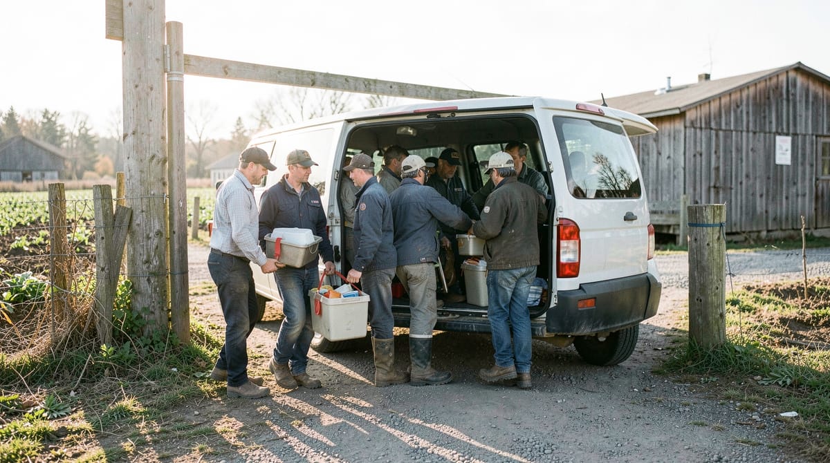 A group of farm workers in work clothes and boots disembarking from a shared van at a f…