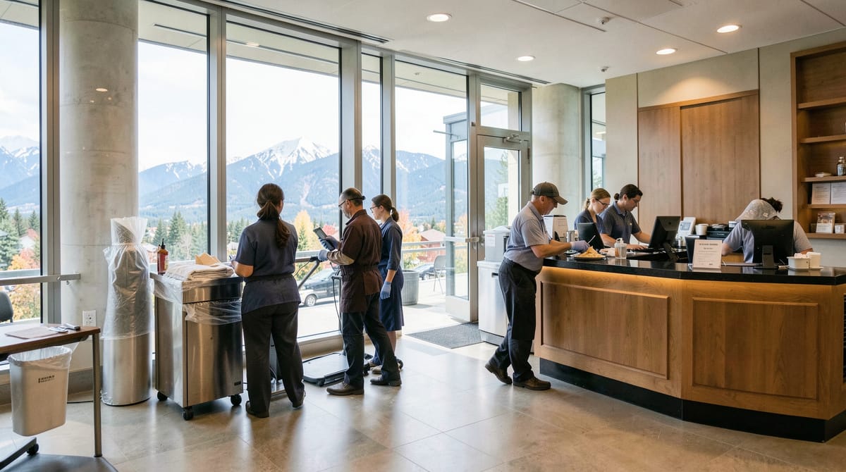 Hotel housekeeping and front desk staff working in a bright modern Canadian hotel lobby