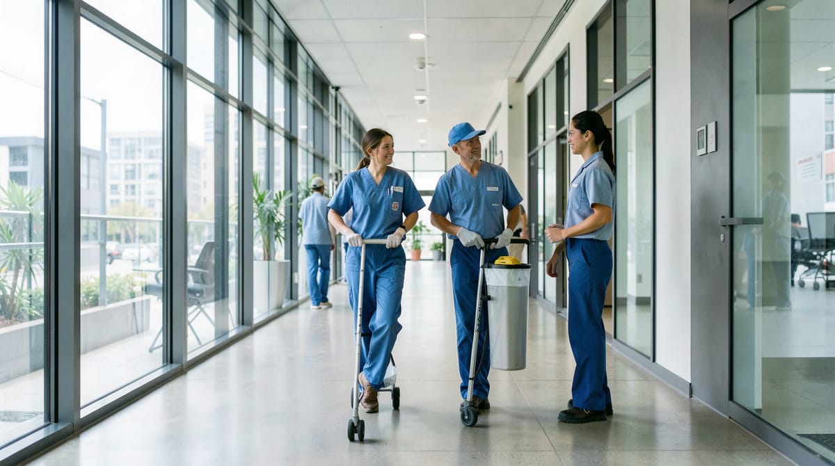 Professional cleaners in uniform with cleaning trolley in a modern office building corr…