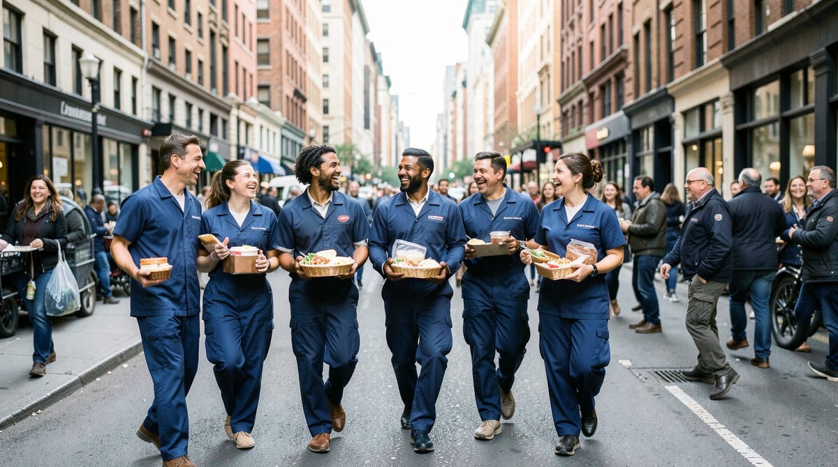 A group of diverse cleaners in matching uniforms laughing together while walking down a…