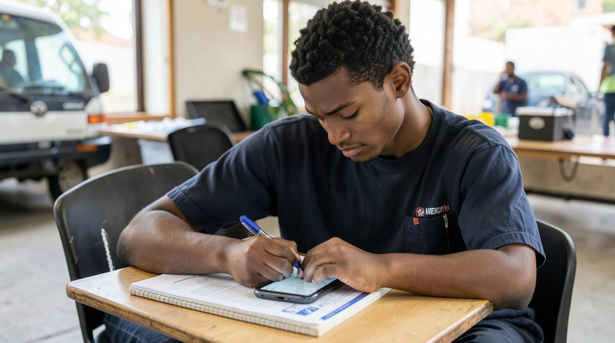 A young South African jobseeker sits at a small table