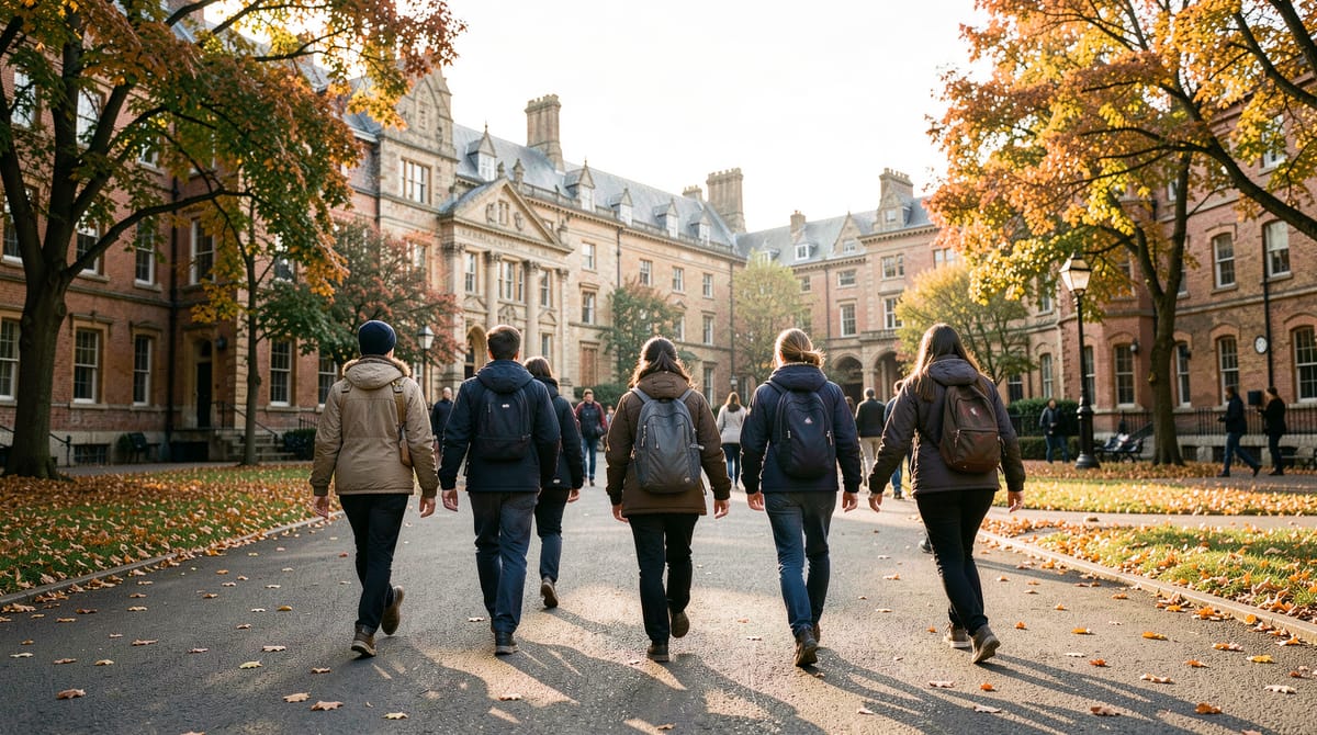 International students walking across a beautiful university campus quad with historic …