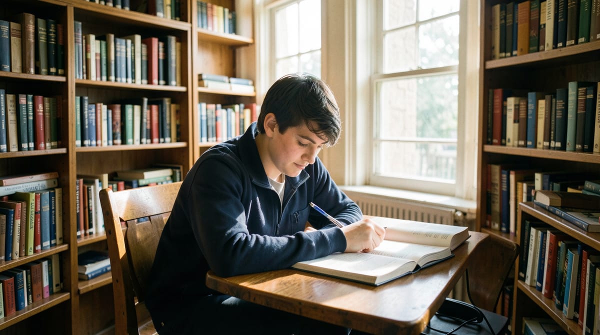 A student studying alone in a quiet university library