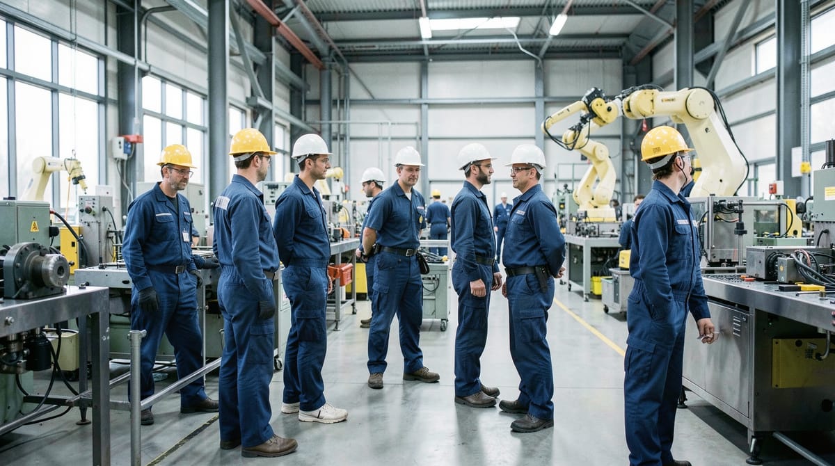 Factory workers in safety gear on a clean modern German manufacturing production line