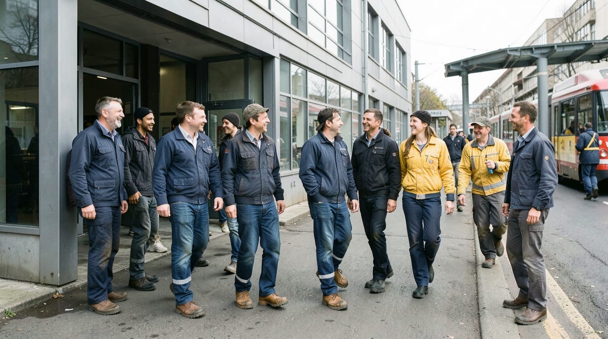 A diverse group of factory workers in work clothes and safety shoes are exiting a moder…