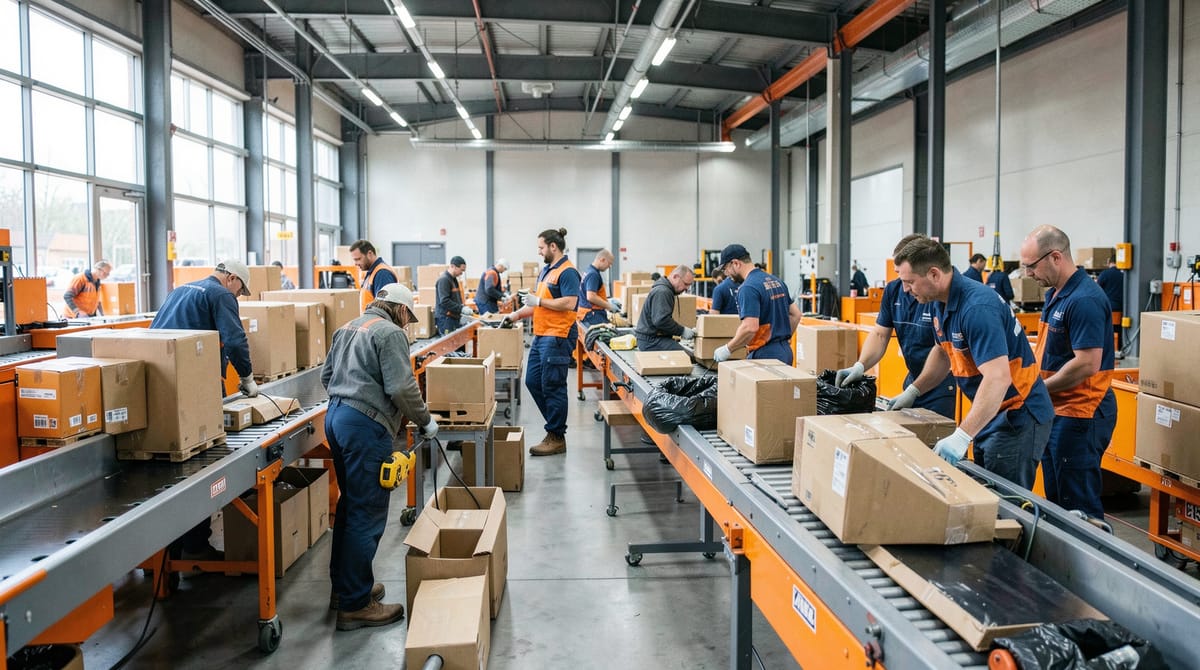 Workers sorting parcels in a modern Dutch logistics distribution center