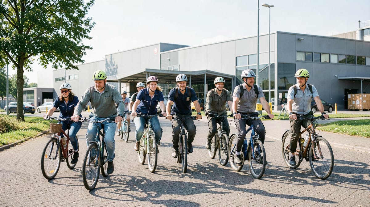 A group of diverse logistics workers cycling together to a large distribution center on…