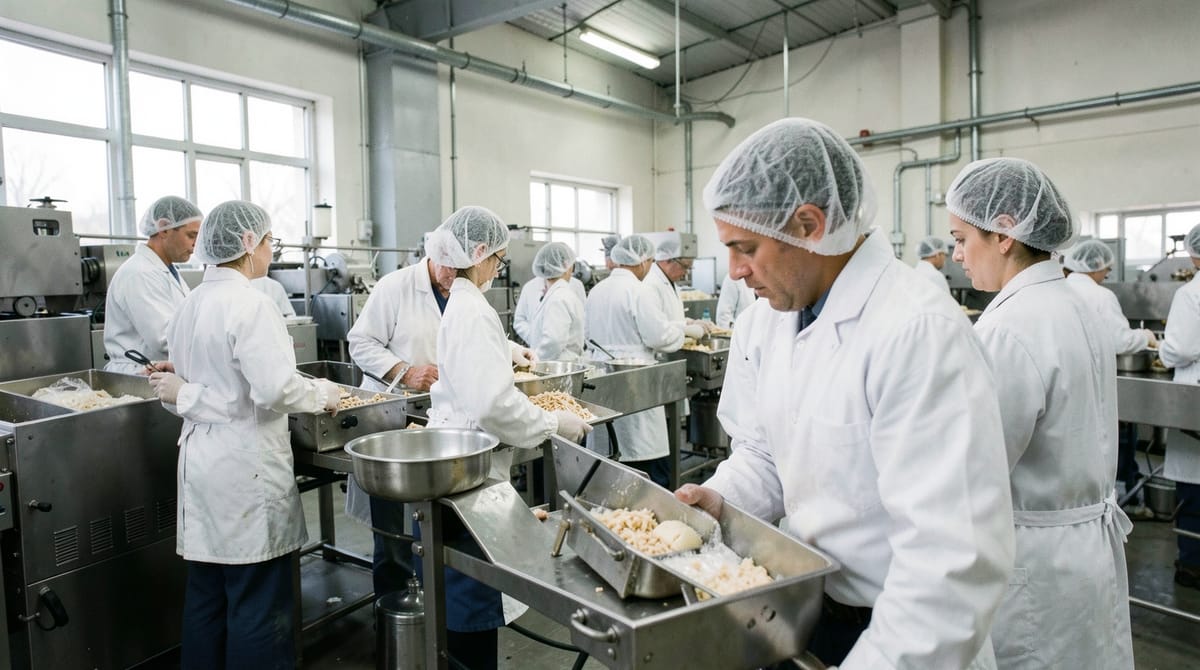Workers on a packaging production line in a Polish food factory