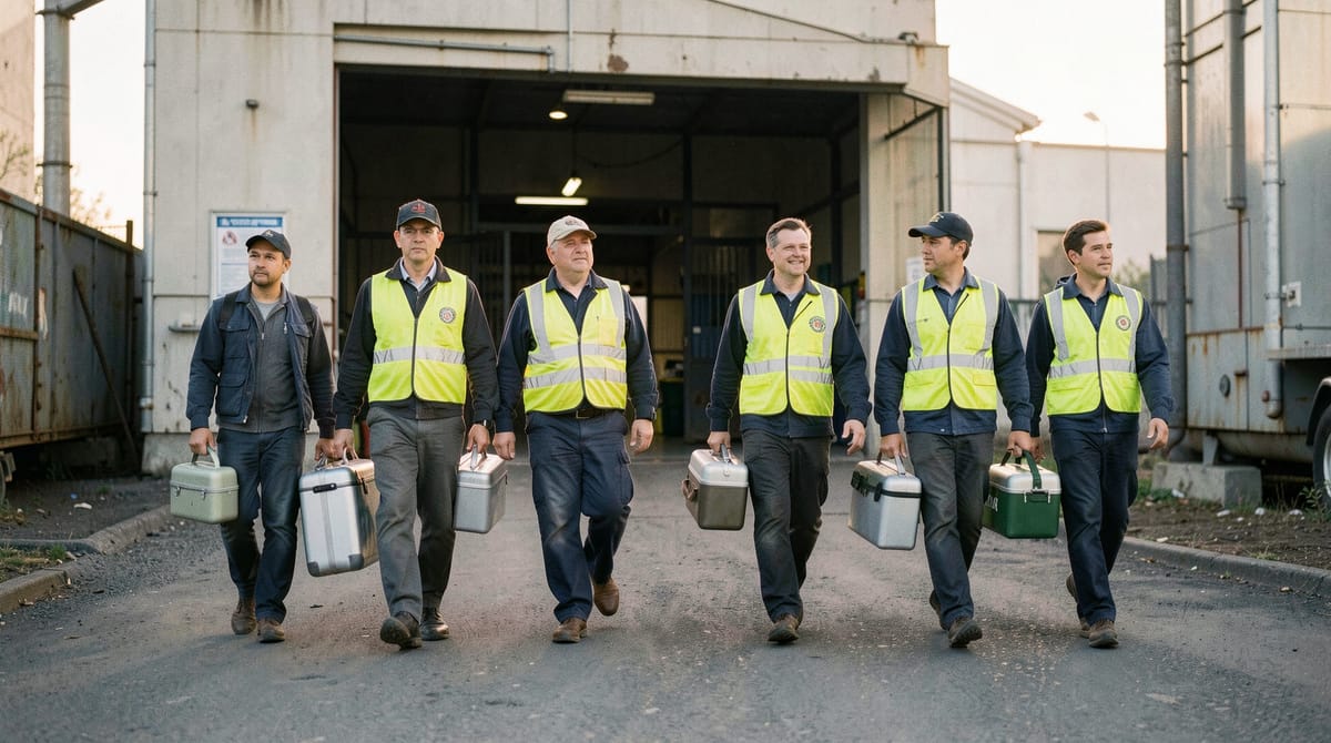 A group of factory workers in work uniforms and safety vests walking together towards a…