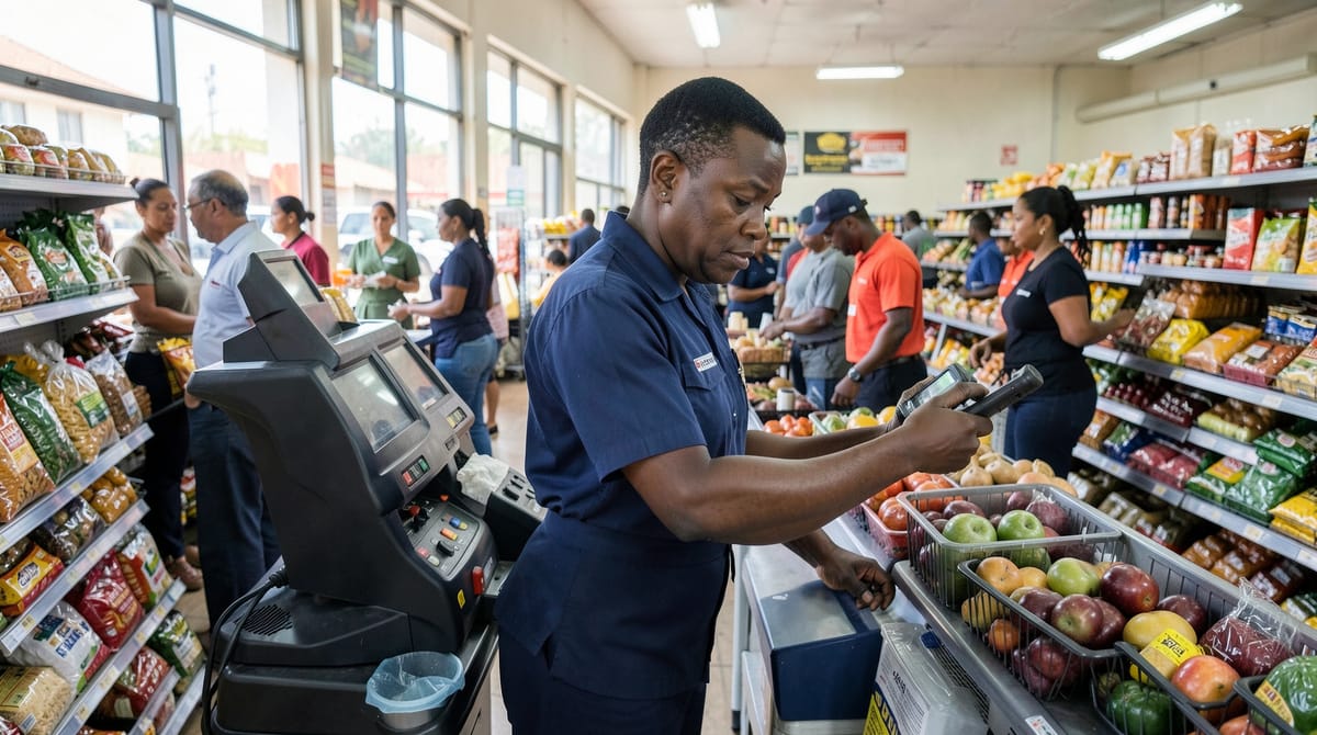 An African supermarket cashier in a plain unbranded uniform scanning groceries at a che…