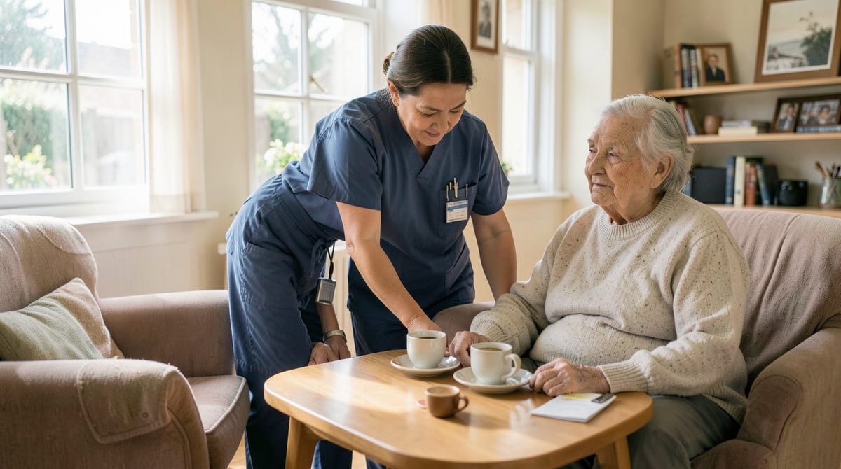 A care worker in uniform assisting an elderly resident in a bright UK care home lounge