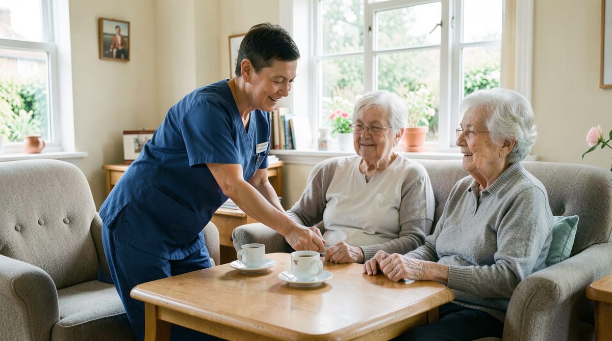 A care worker in uniform helping an elderly resident in a bright UK care home lounge