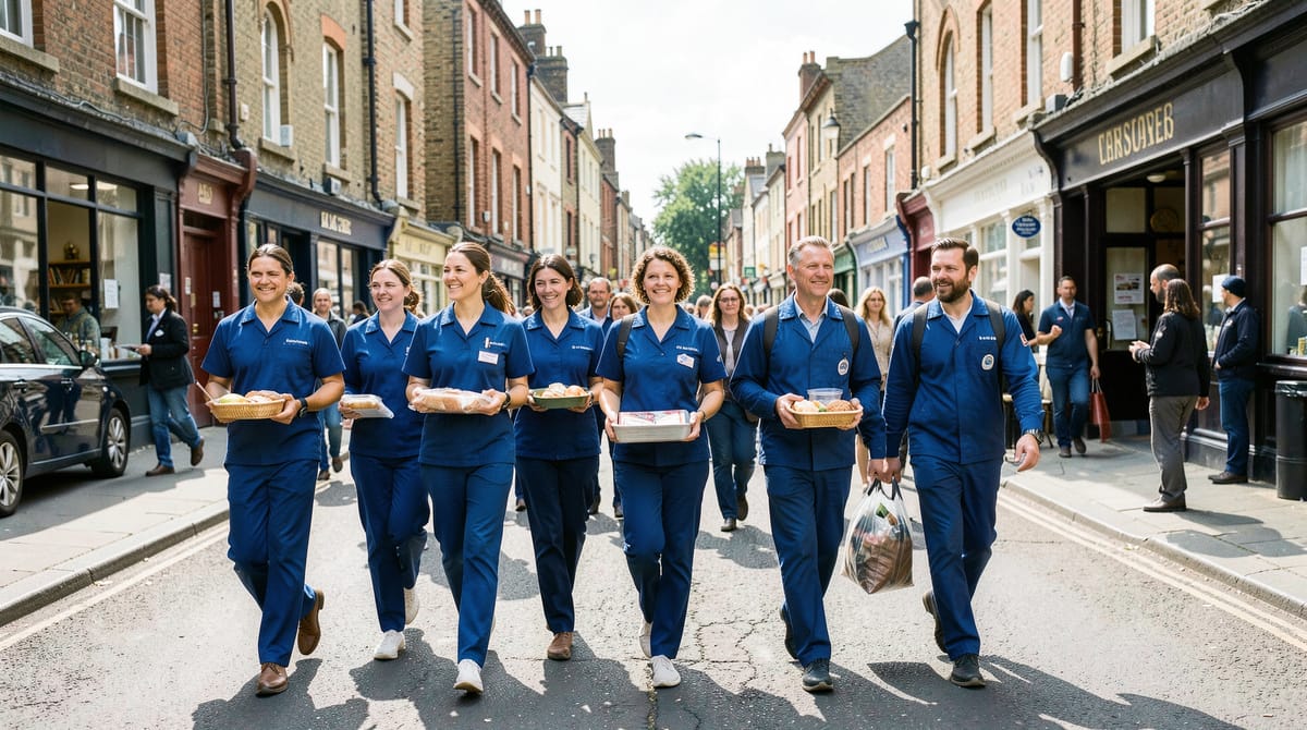 A diverse group of care workers in blue uniforms walking together along a bustling UK h…