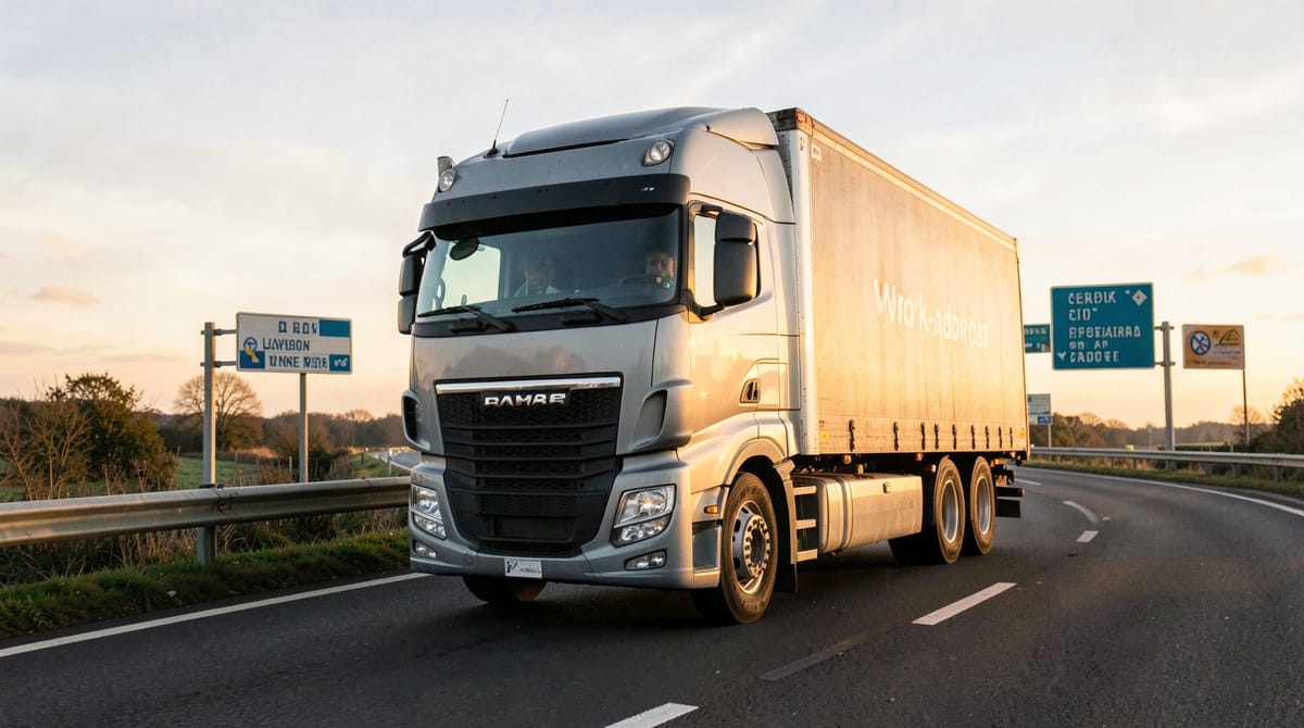 A heavy goods vehicle (HGV) lorry driving on a UK motorway at golden hour