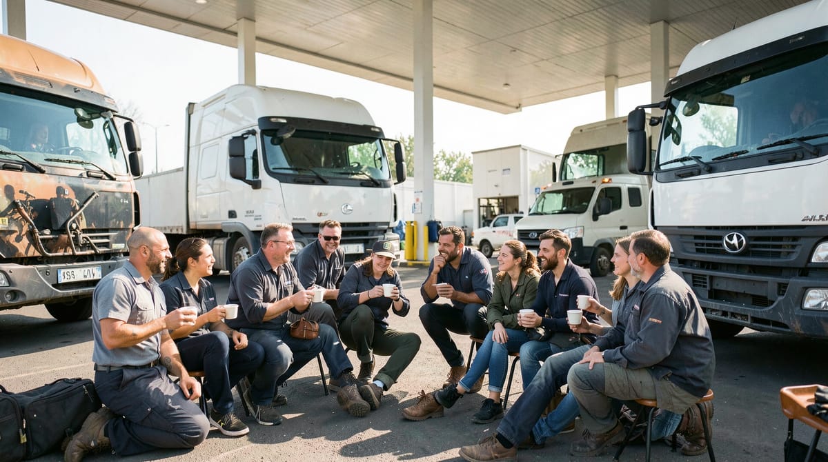 A diverse group of HGV drivers taking a break at a service station on a sunny morning