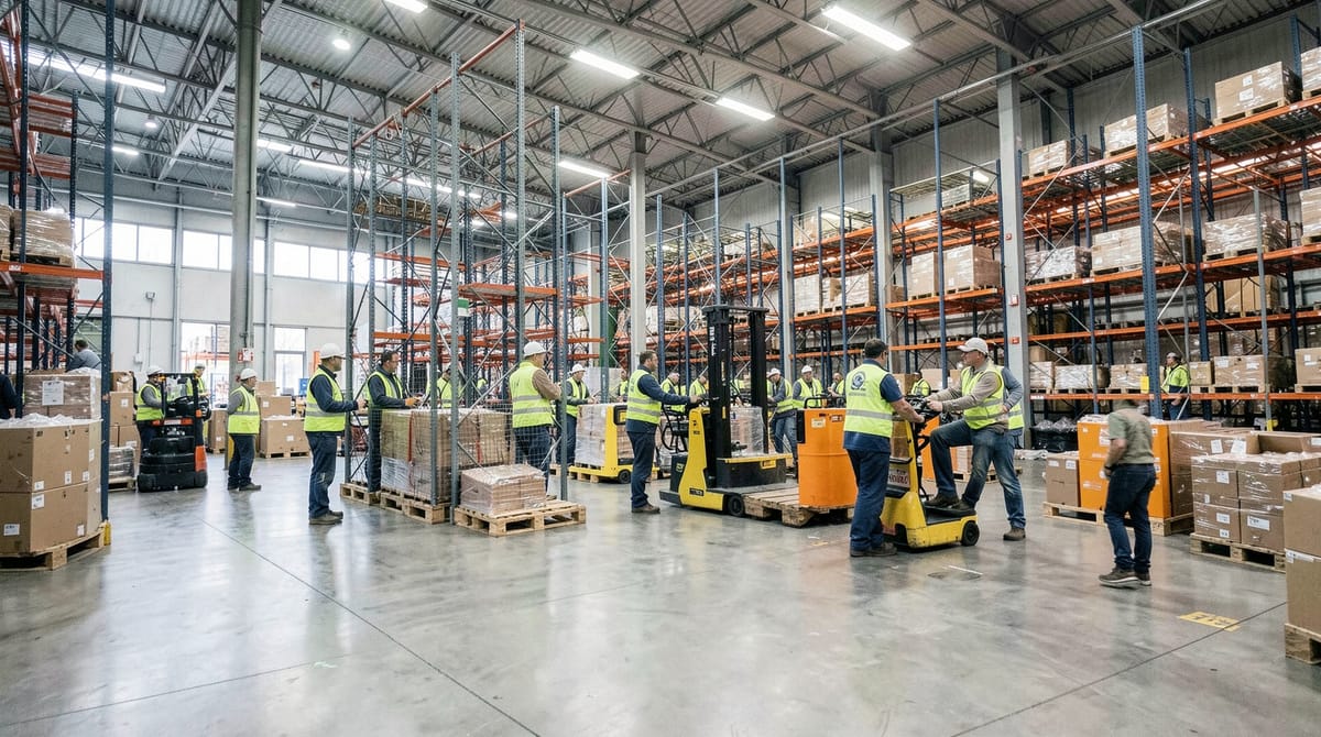 A large modern UK distribution warehouse interior with workers in hi-vis vests operatin…