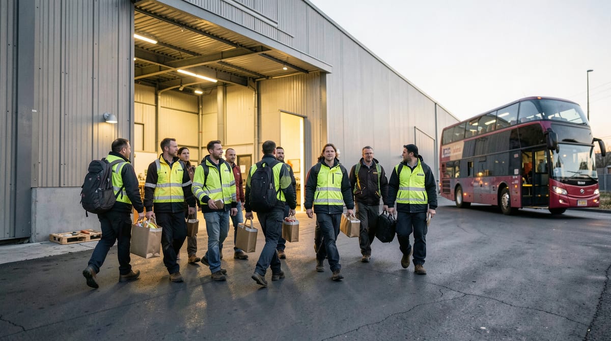 A diverse group of warehouse workers in hi-vis jackets and safety shoes walking purpose…